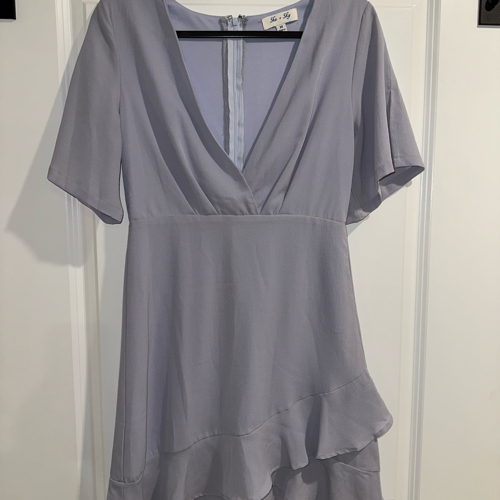 She + Sky periwinkle, Asymmetrical Ruffled Mini Dress